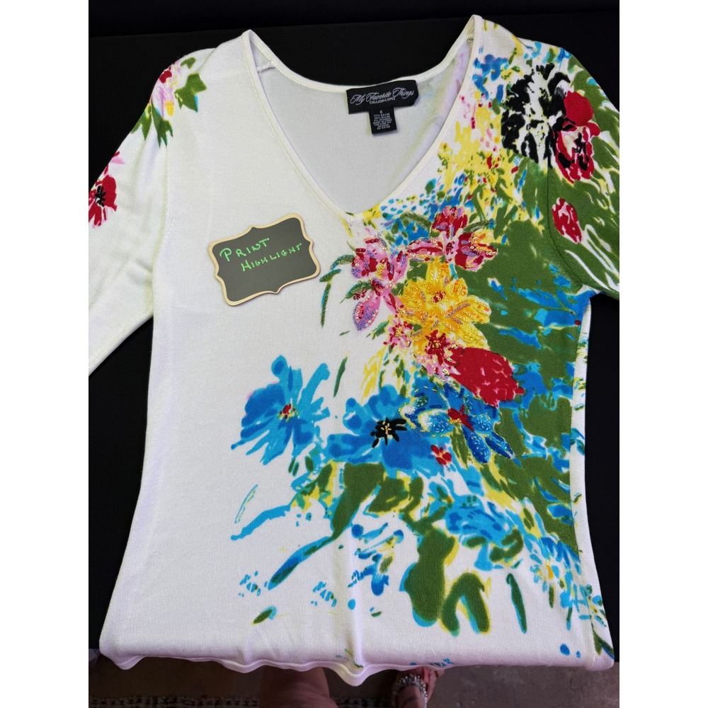 My Favorite Things Colleen Lopez Floral Sweater Top Small White Sequin Bead - Picture 8 of 14